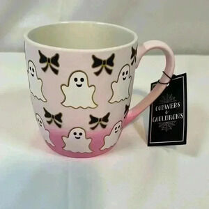 Cobwebs Cauldrons Pink Ombre Halloween Coffee‎ Cup Ghost Bows Gold  Accent Glass